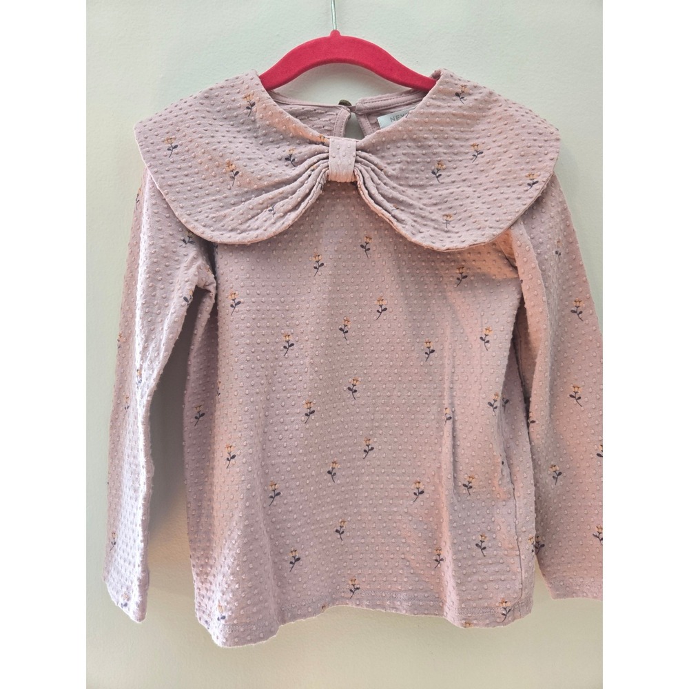 Next Kids Pink Dobby Floral Long Sleeve Top Bow Collar 4-5 Years 110cm 289782419